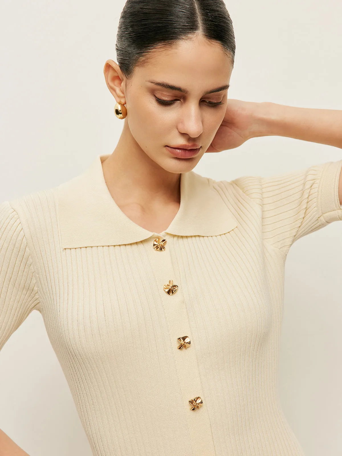 Knit Hollow Buttoned Polo Dress sold by COMMENSE product image thumbnail 3