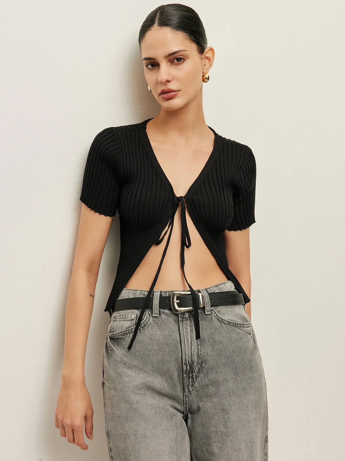 Ribbed Tie Front Short Sleeve Top sold by COMMENSE product image thumbnail 3