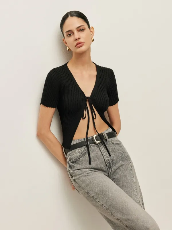 Ribbed Tie Front Short Sleeve Top sold by COMMENSE