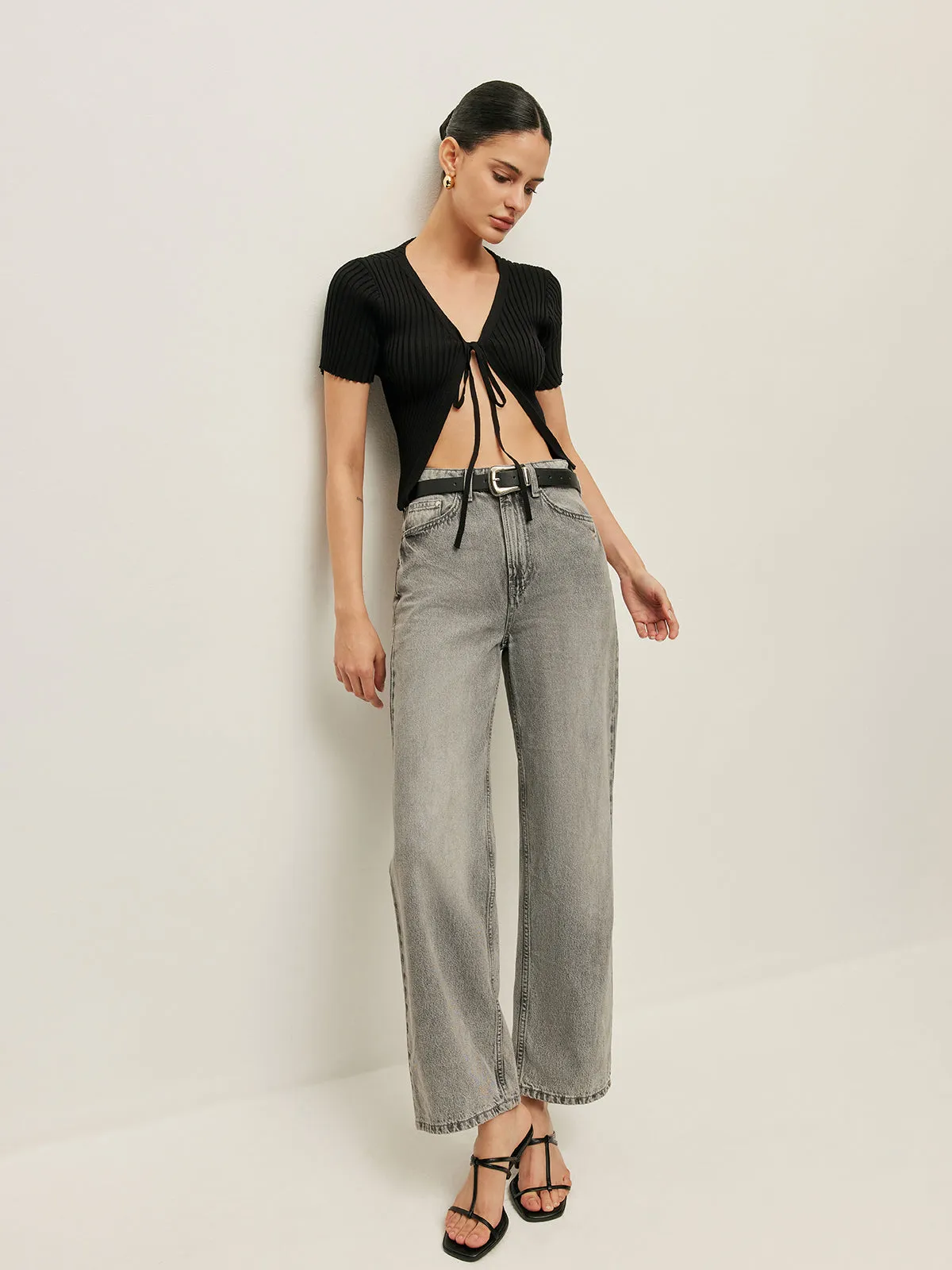 Ribbed Tie Front Short Sleeve Top sold by COMMENSE product image thumbnail 4