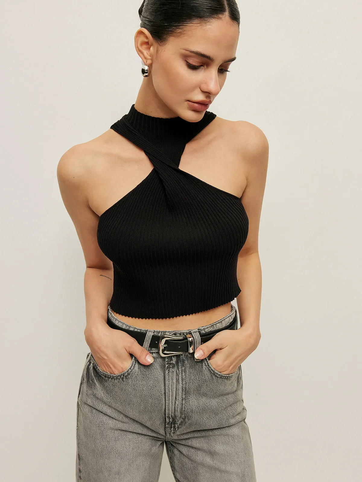 Ribbed Cross Halter Knit Top sold by COMMENSE