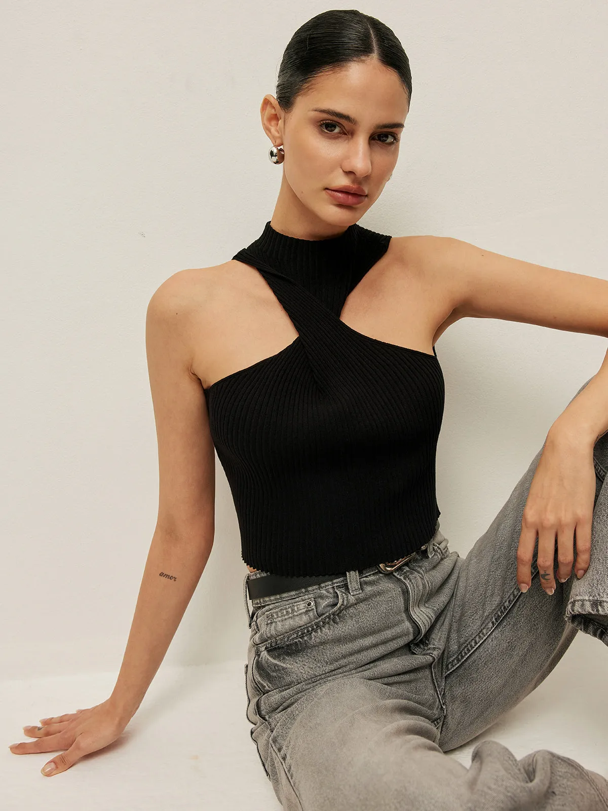 Ribbed Cross Halter Knit Top sold by COMMENSE product image thumbnail 3