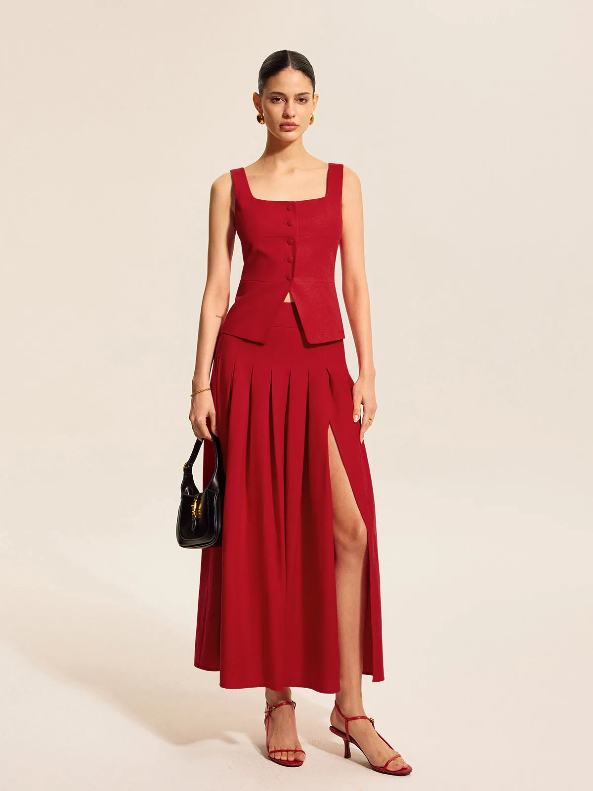 Cotton & Linen Pleated Slit Skirt sold by COMMENSE