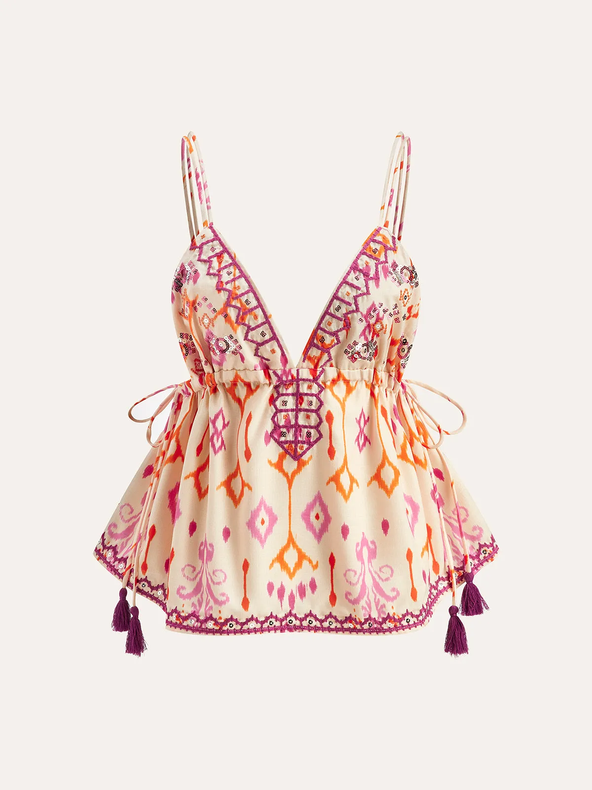 Embroidered Boho Tassel Tie Cami Top sold by COMMENSE