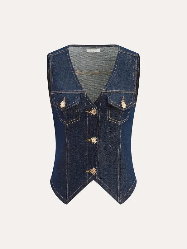 Metal Detail Denim Vest sold by COMMENSE