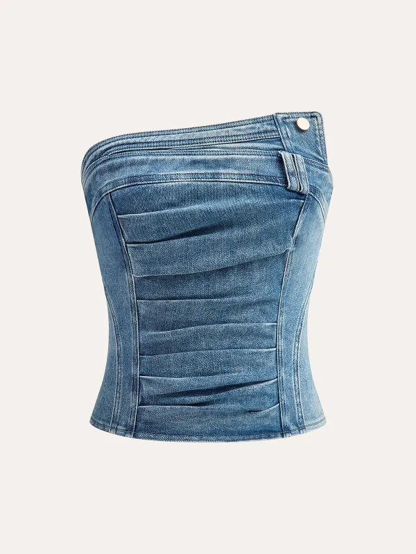 Asymmetrical Pleated Denim Strapless Top sold by COMMENSE