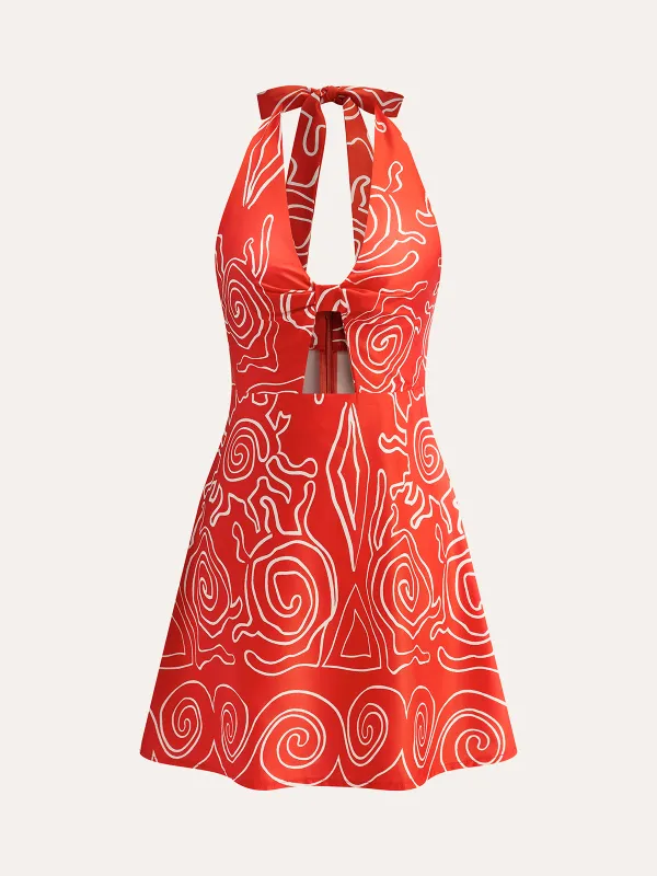 Halter Tie-Back Printed Dress sold by COMMENSE