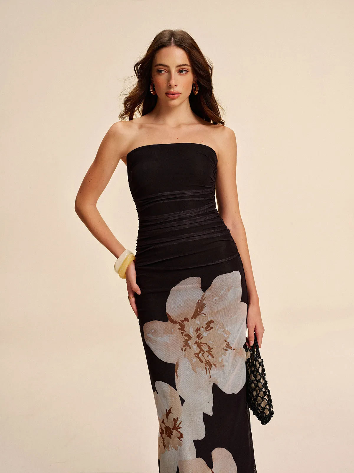 Semi-Sheer Strapless Ruched Floral Mesh Dress sold by COMMENSE product image thumbnail 3