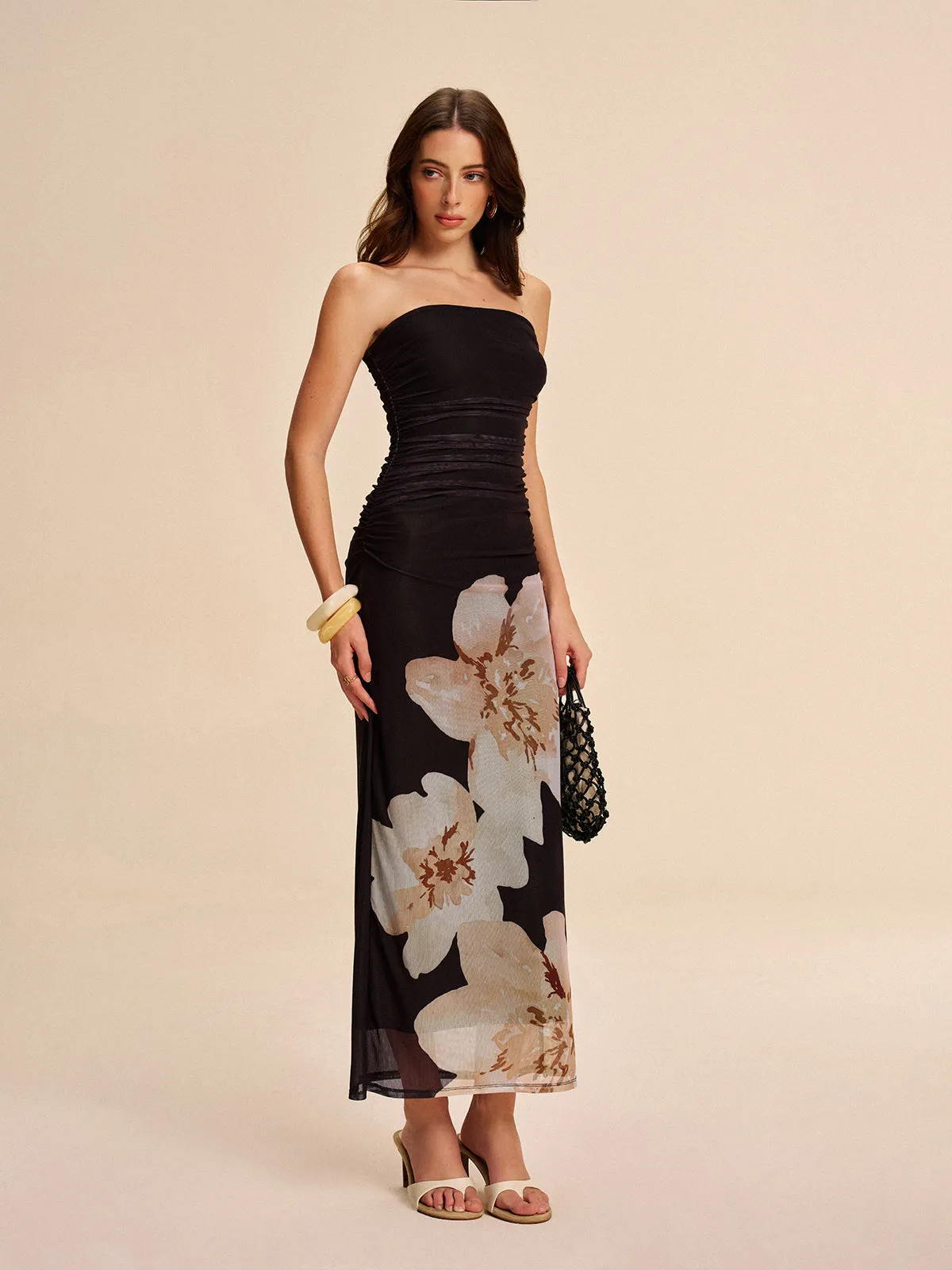 Semi-Sheer Strapless Ruched Floral Mesh Dress sold by COMMENSE