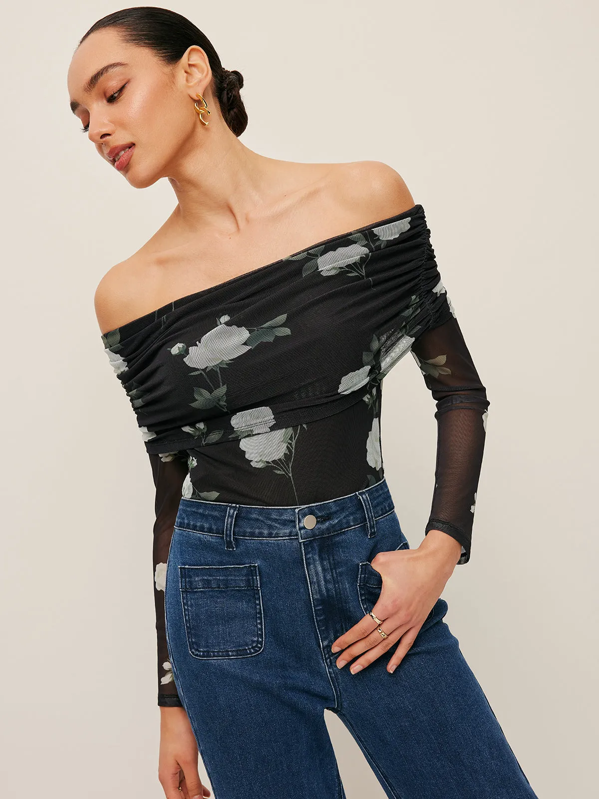 Semi-Sheer Floral Off-Shoulder Mesh Sleeve Top sold by COMMENSE product image thumbnail 4