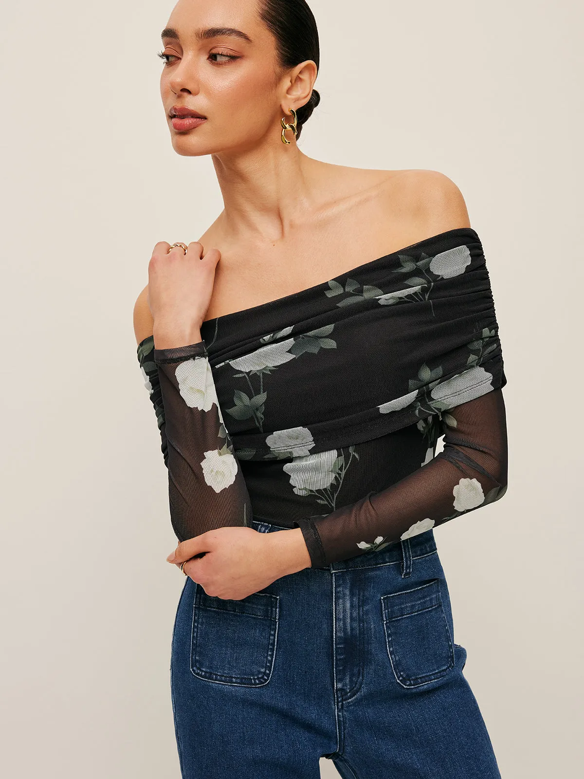 Semi-Sheer Floral Off-Shoulder Mesh Sleeve Top sold by COMMENSE product image thumbnail 5