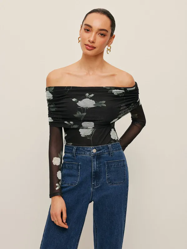 Semi-Sheer Floral Off-Shoulder Mesh Sleeve Top sold by COMMENSE