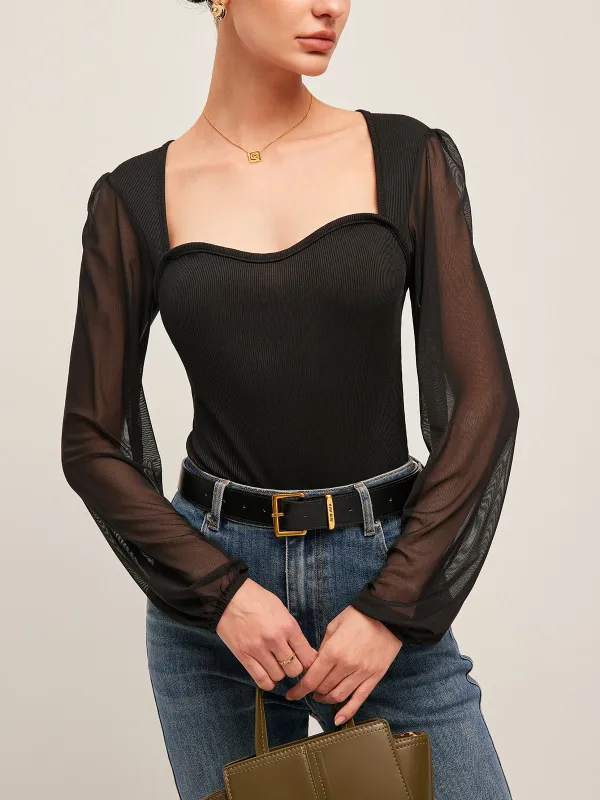 Semi-Sheer Mesh Sleeve Ribbed Bodysuit sold by COMMENSE