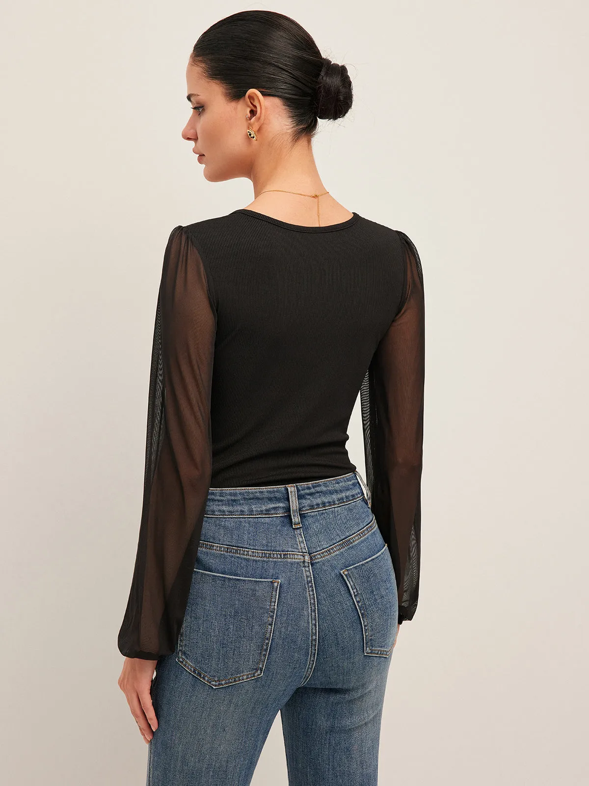 Semi-Sheer Mesh Sleeve Ribbed Bodysuit sold by COMMENSE product image thumbnail 5