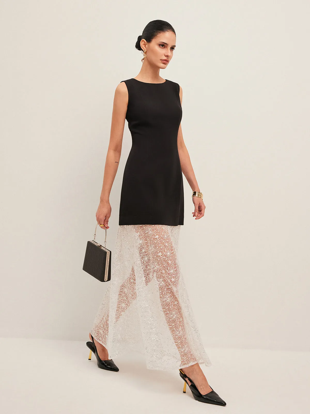 Sheer Lace Panel Sleeveless Dress sold by COMMENSE