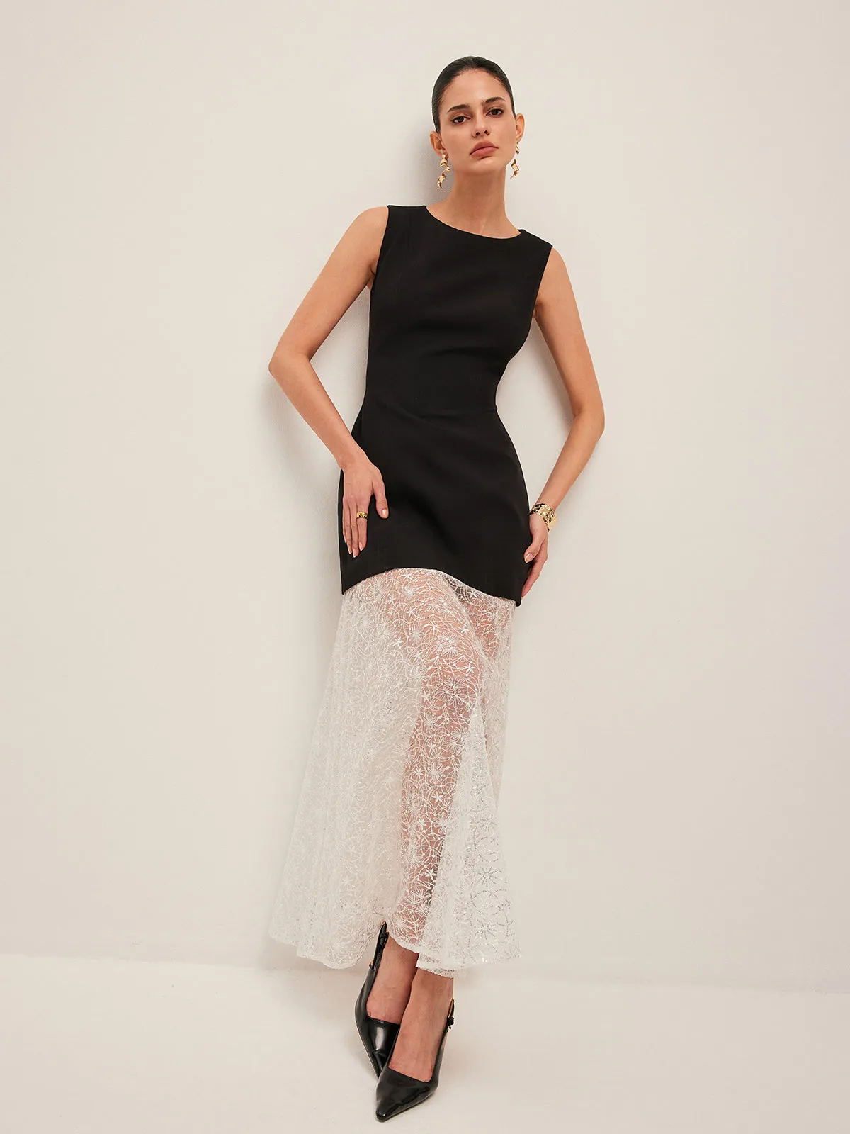 Sheer Lace Panel Sleeveless Dress sold by COMMENSE product image thumbnail 5