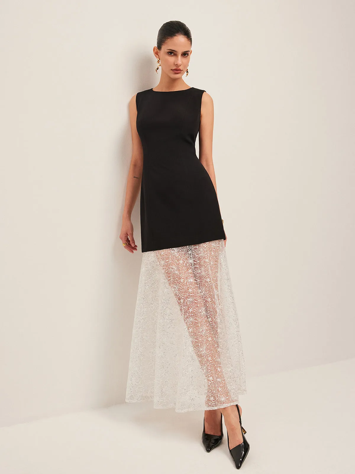 Sheer Lace Panel Sleeveless Dress sold by COMMENSE product image thumbnail 4