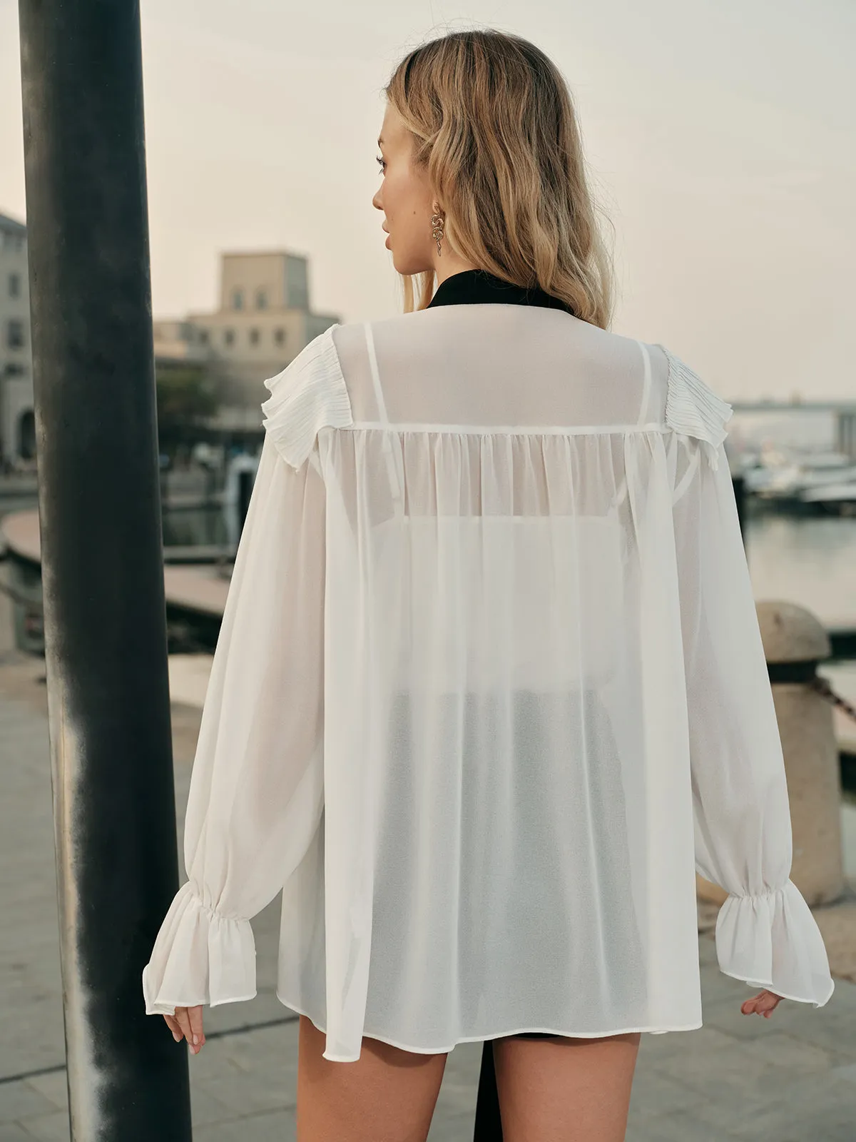 Semi-Sheer Ruffled Detail Blouse With Contrasting Tie sold by COMMENSE product image thumbnail 3