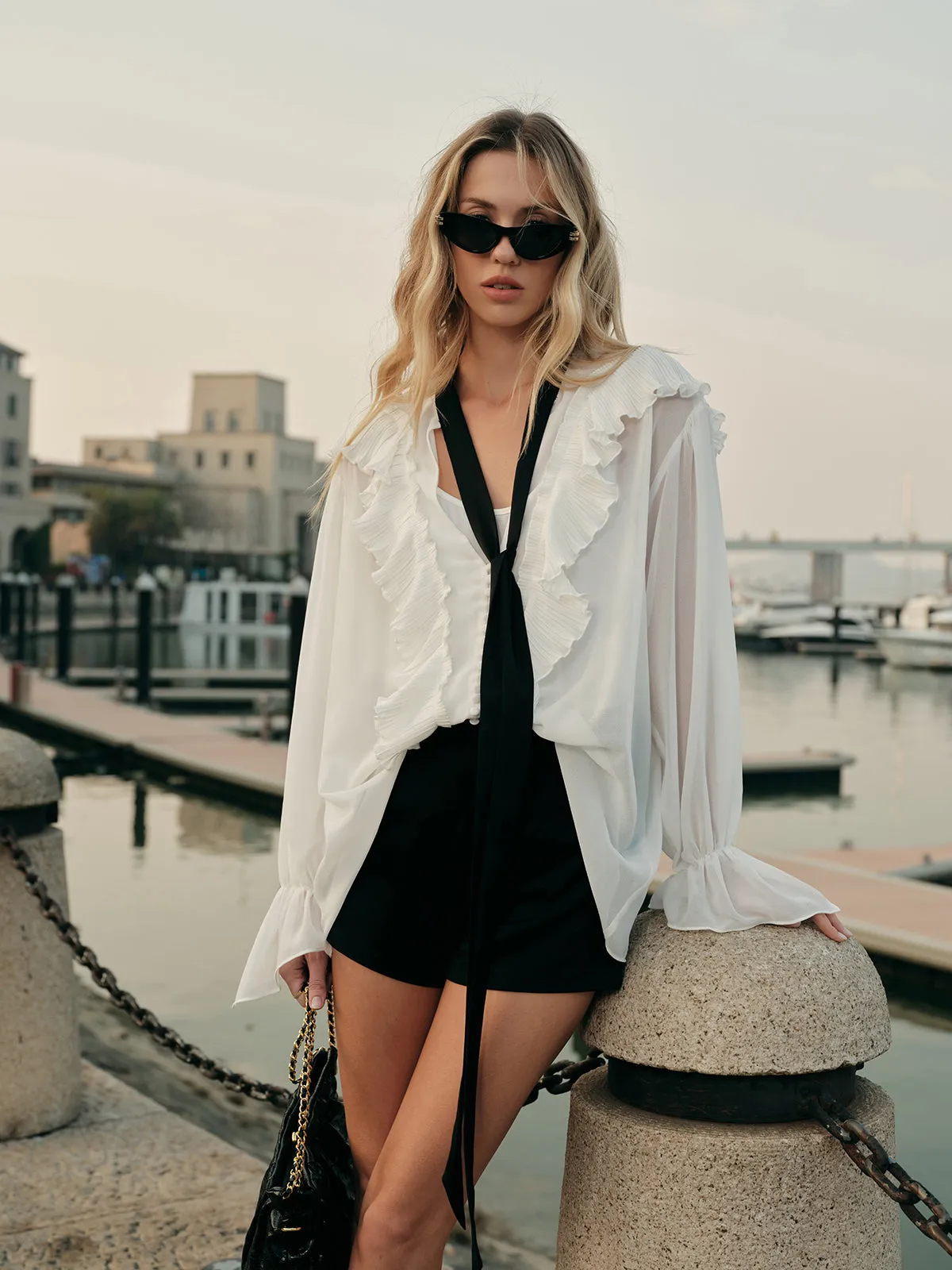 Semi-Sheer Ruffled Detail Blouse With Contrasting Tie sold by COMMENSE product image thumbnail 5