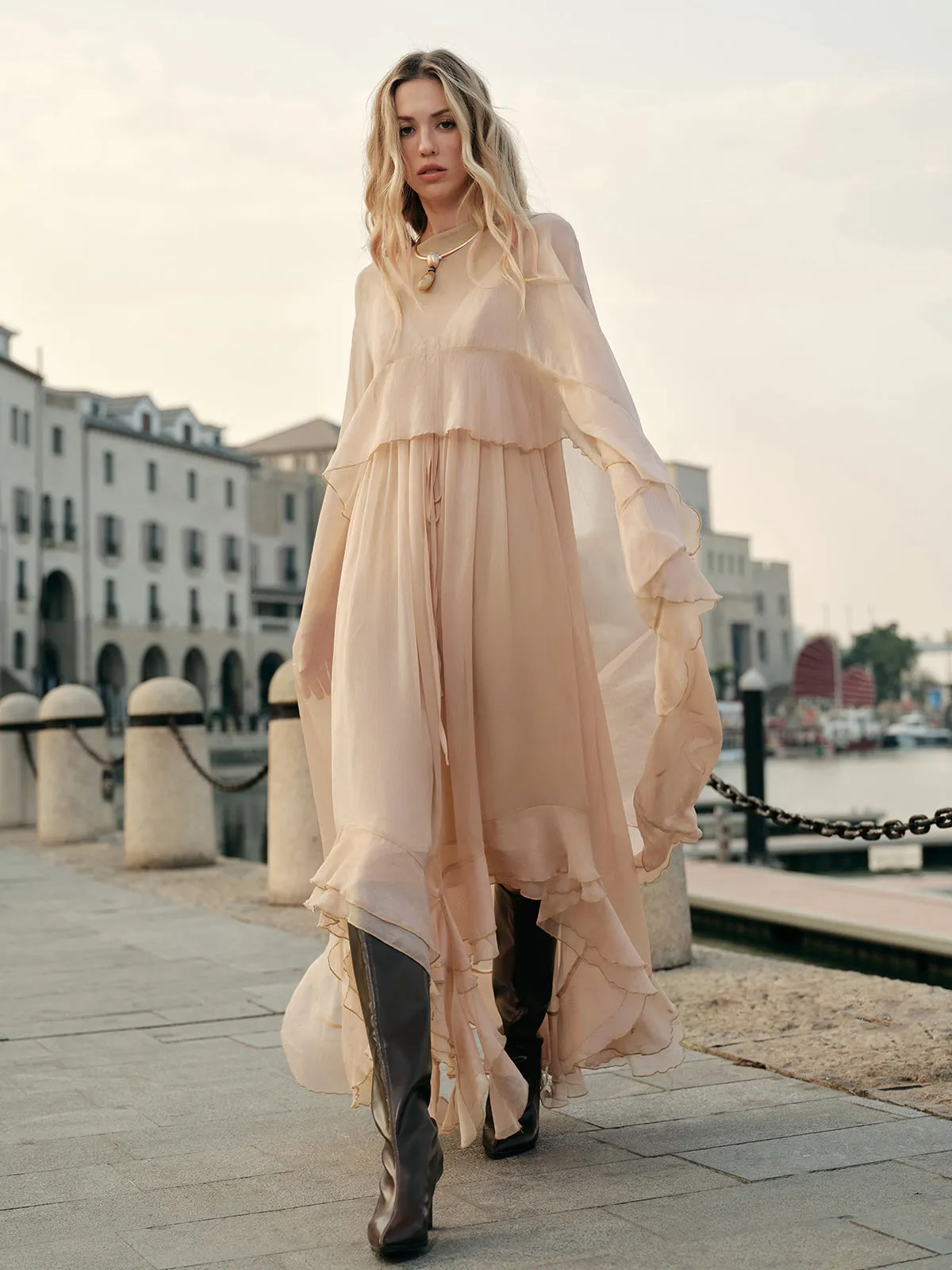 Semi-Sheer Chiffon Layered Dress With Cloak sold by COMMENSE product image thumbnail 2