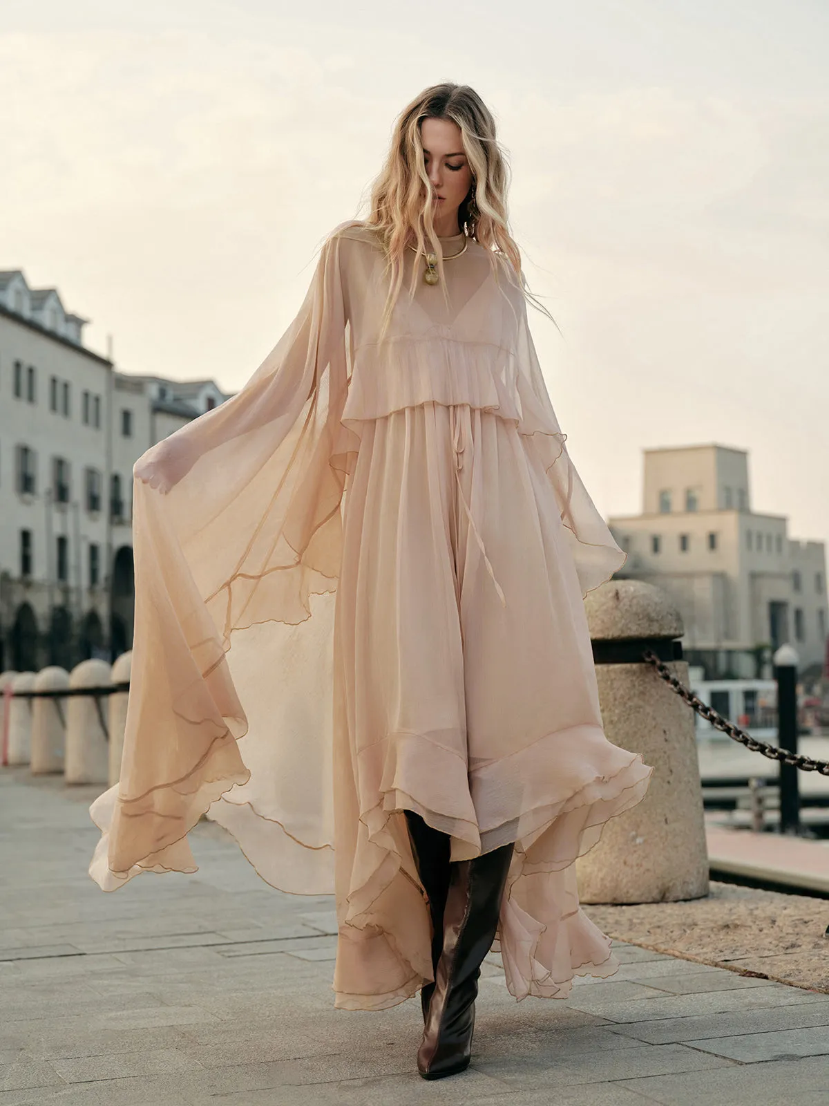 Semi-Sheer Chiffon Layered Dress With Cloak sold by COMMENSE