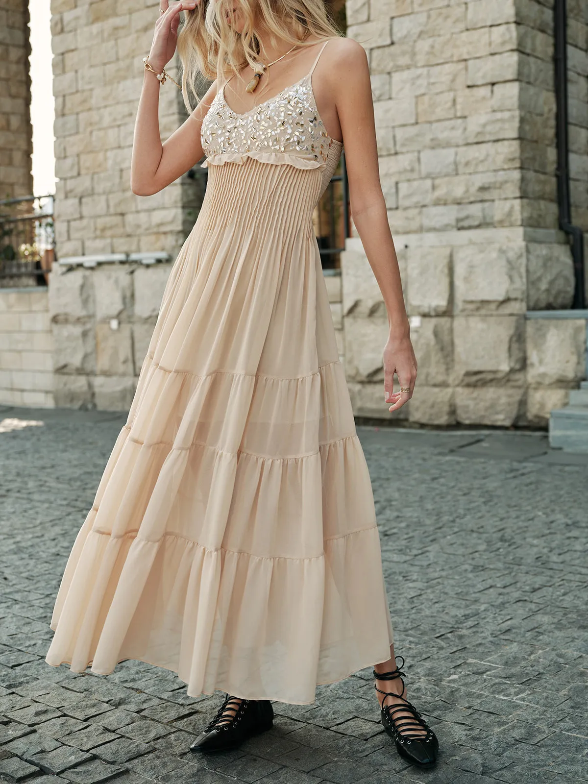 Semi-Sheer Embroidered Bustier Tiered Dress sold by COMMENSE product image thumbnail 4