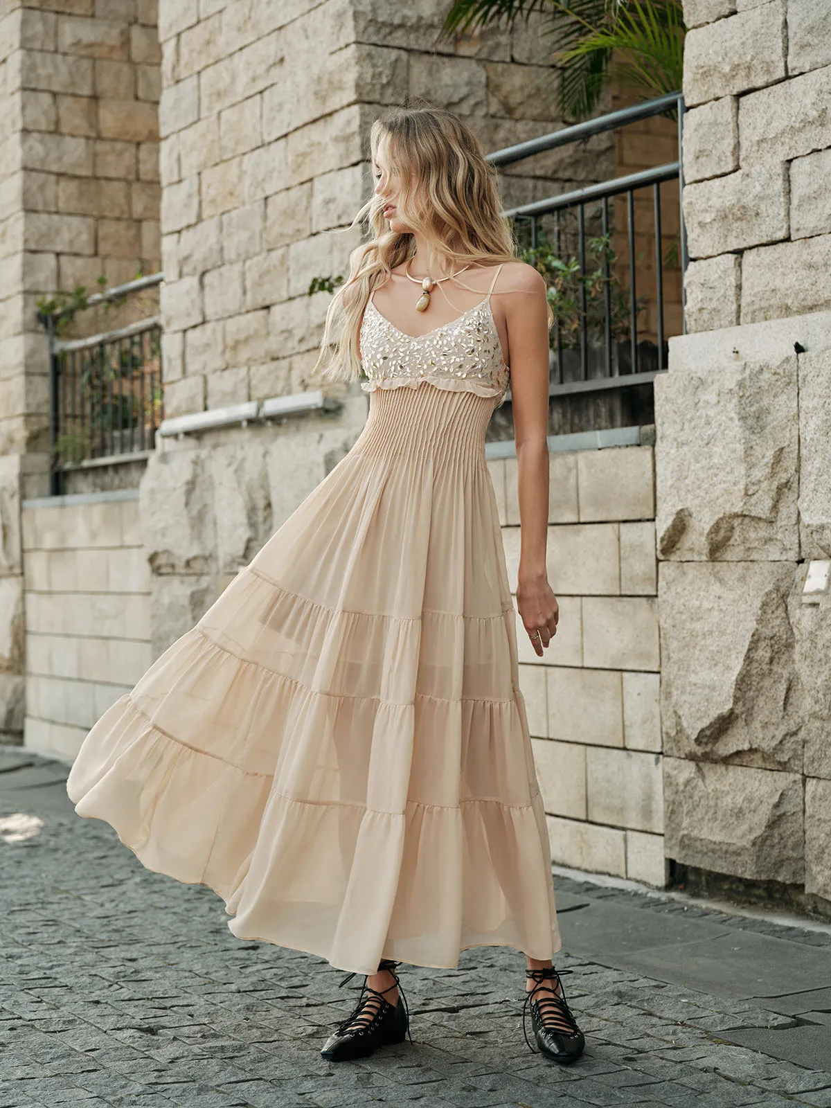 Semi-Sheer Embroidered Bustier Tiered Dress sold by COMMENSE product image thumbnail 2