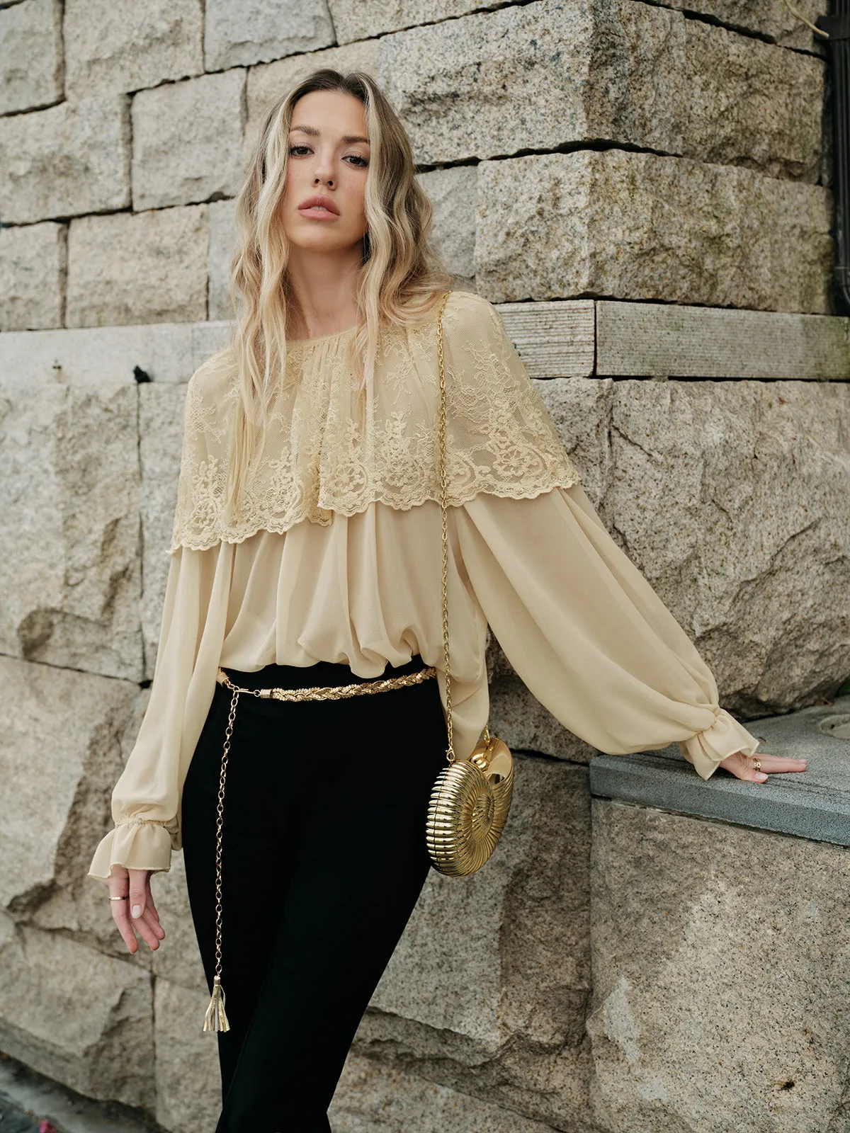 Semi-Sheer Lace Chiffon Blouse sold by COMMENSE product image thumbnail 2