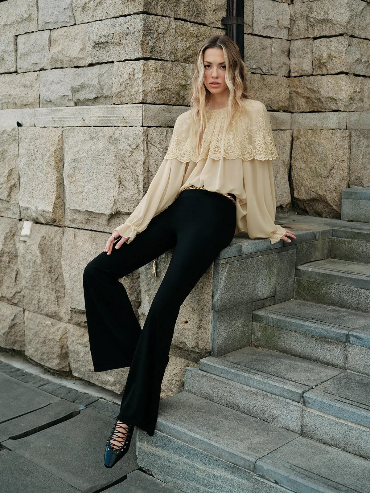 Semi-Sheer Lace Chiffon Blouse sold by COMMENSE product image thumbnail 4