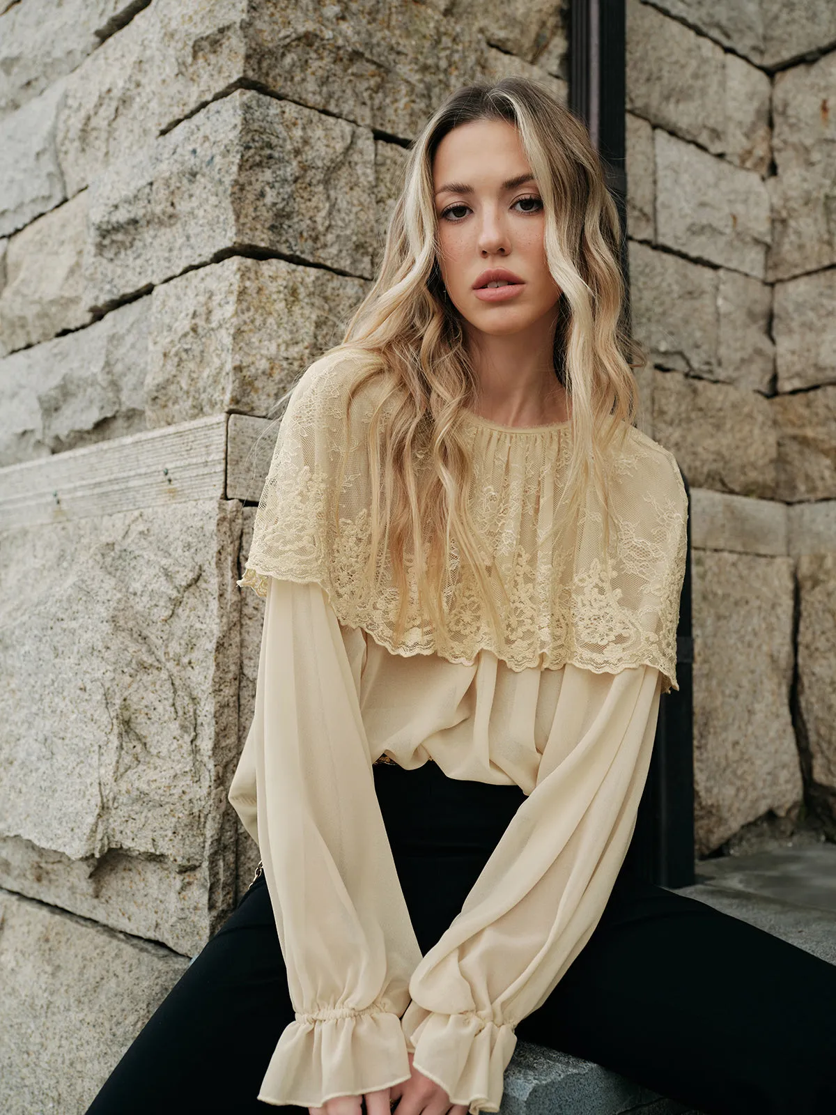 Semi-Sheer Lace Chiffon Blouse sold by COMMENSE