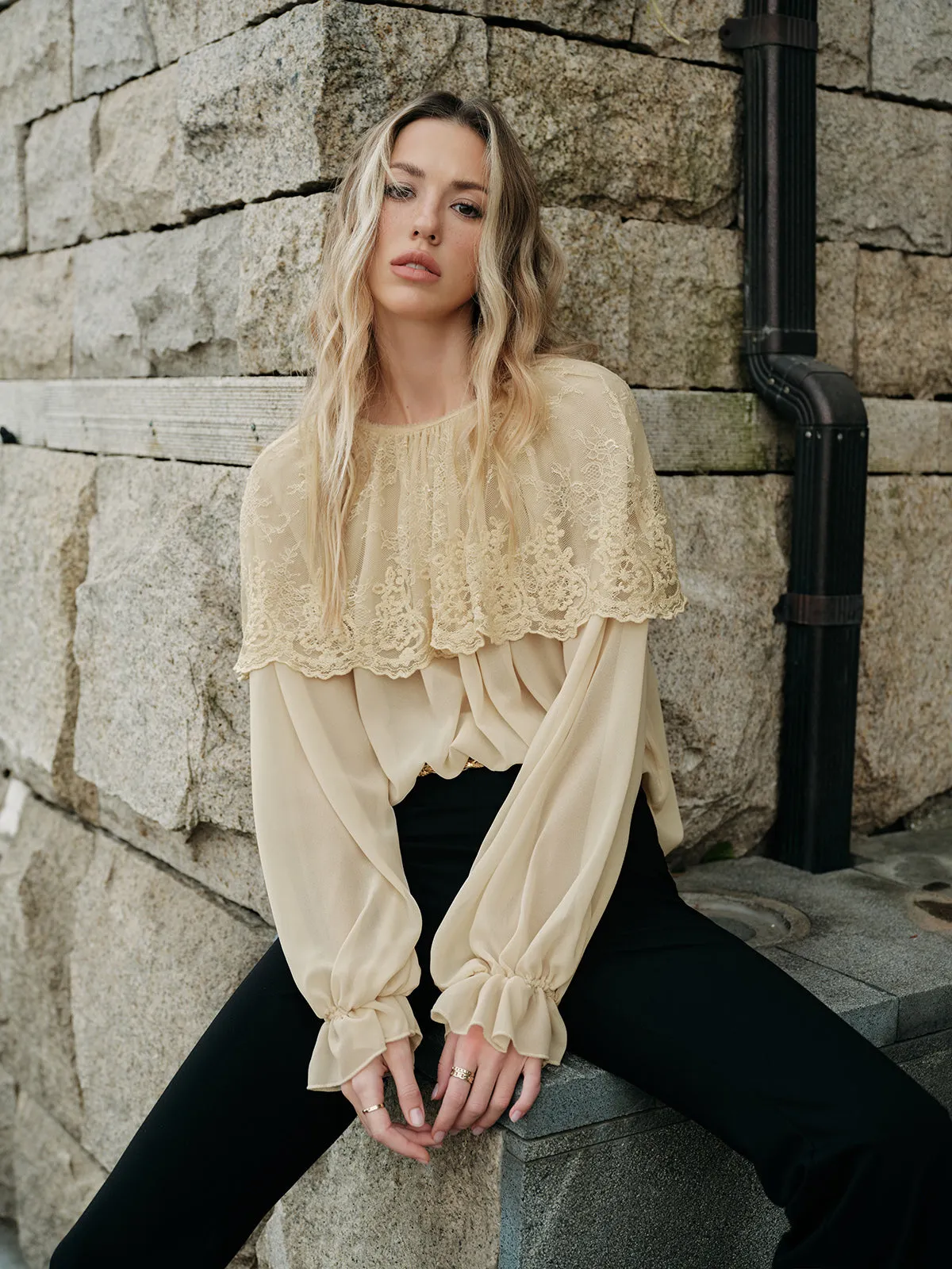 Semi-Sheer Lace Chiffon Blouse sold by COMMENSE product image thumbnail 3