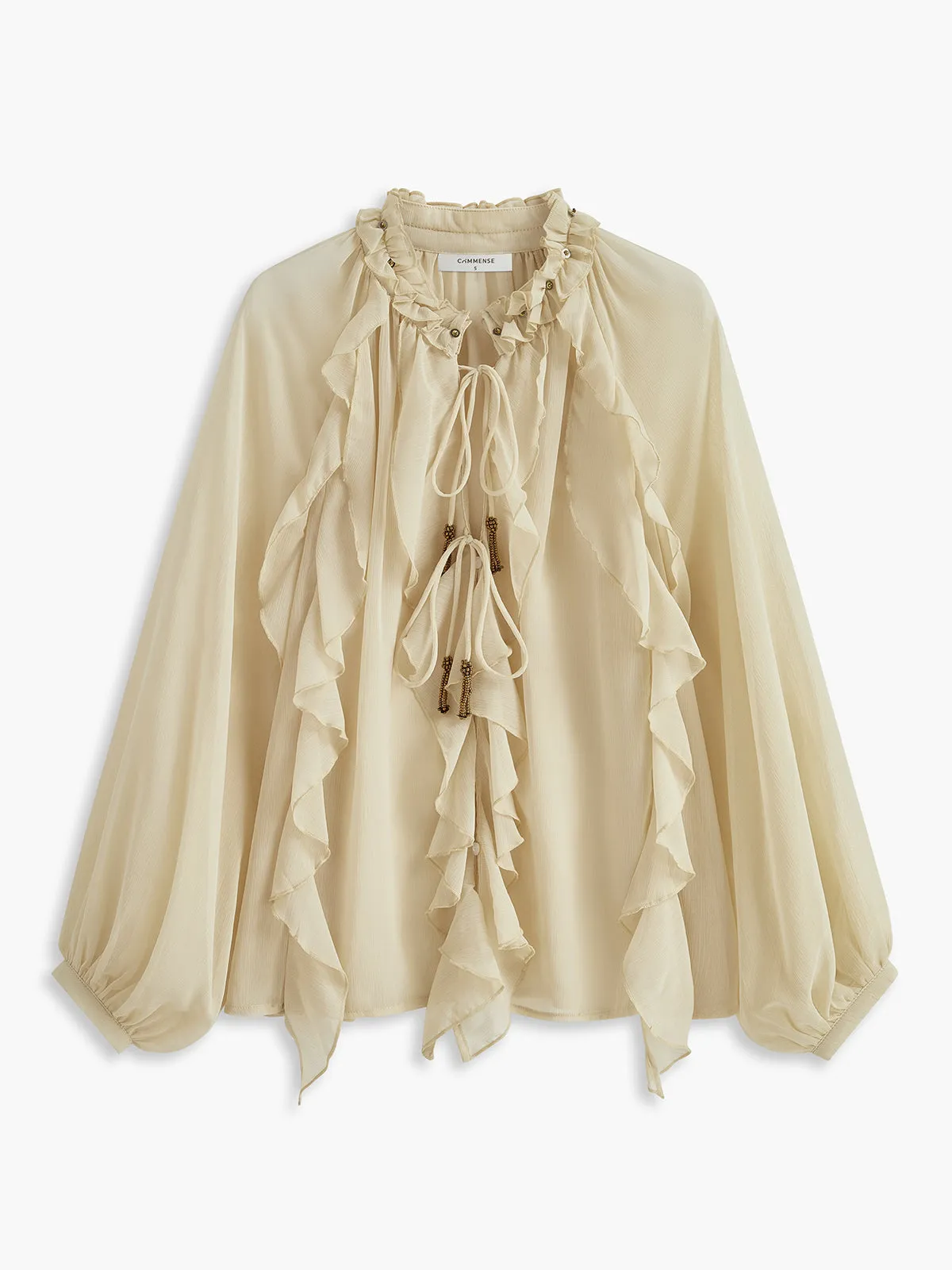 Semi-Sheer Metal Detail Chiffon Ruffled Blouse sold by COMMENSE