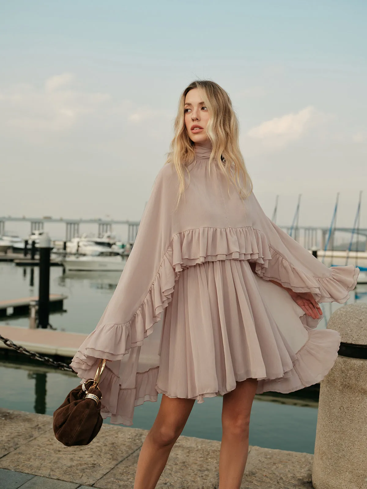 Semi-Sheer Chiffon Ruffle Dress With Outer Cape sold by COMMENSE product image thumbnail 4