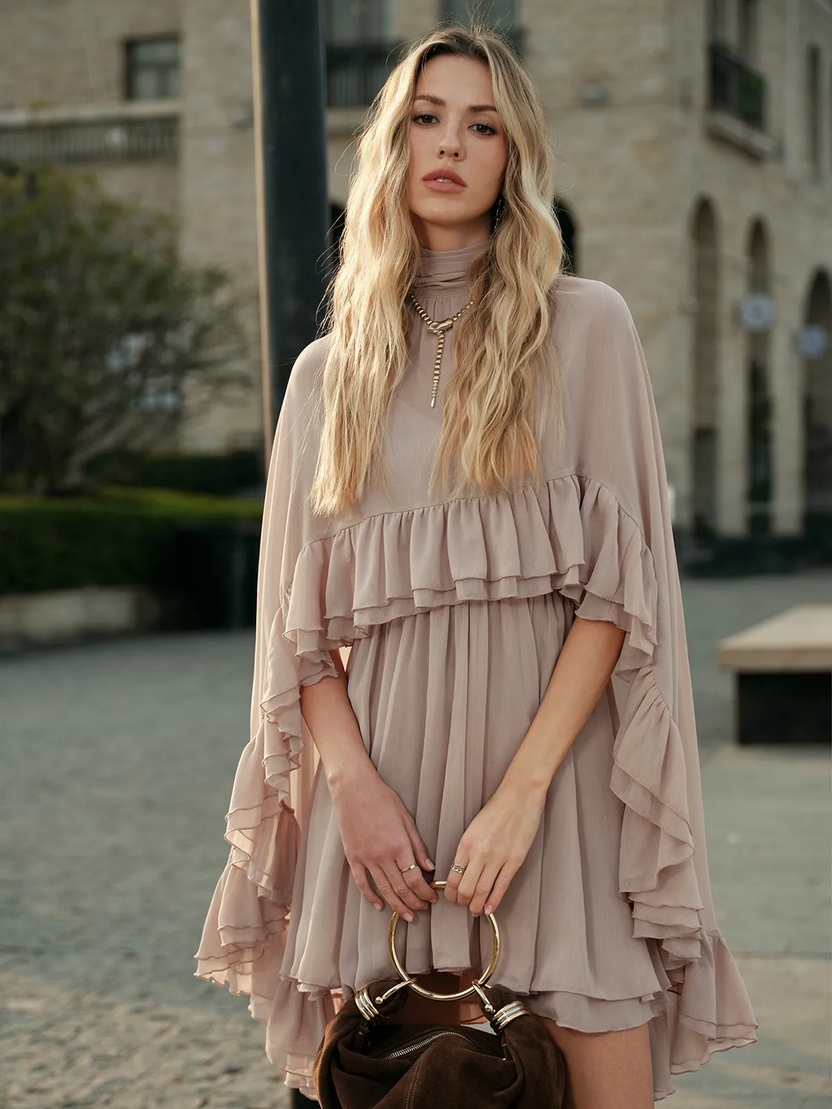 Semi-Sheer Chiffon Ruffle Dress With Outer Cape sold by COMMENSE