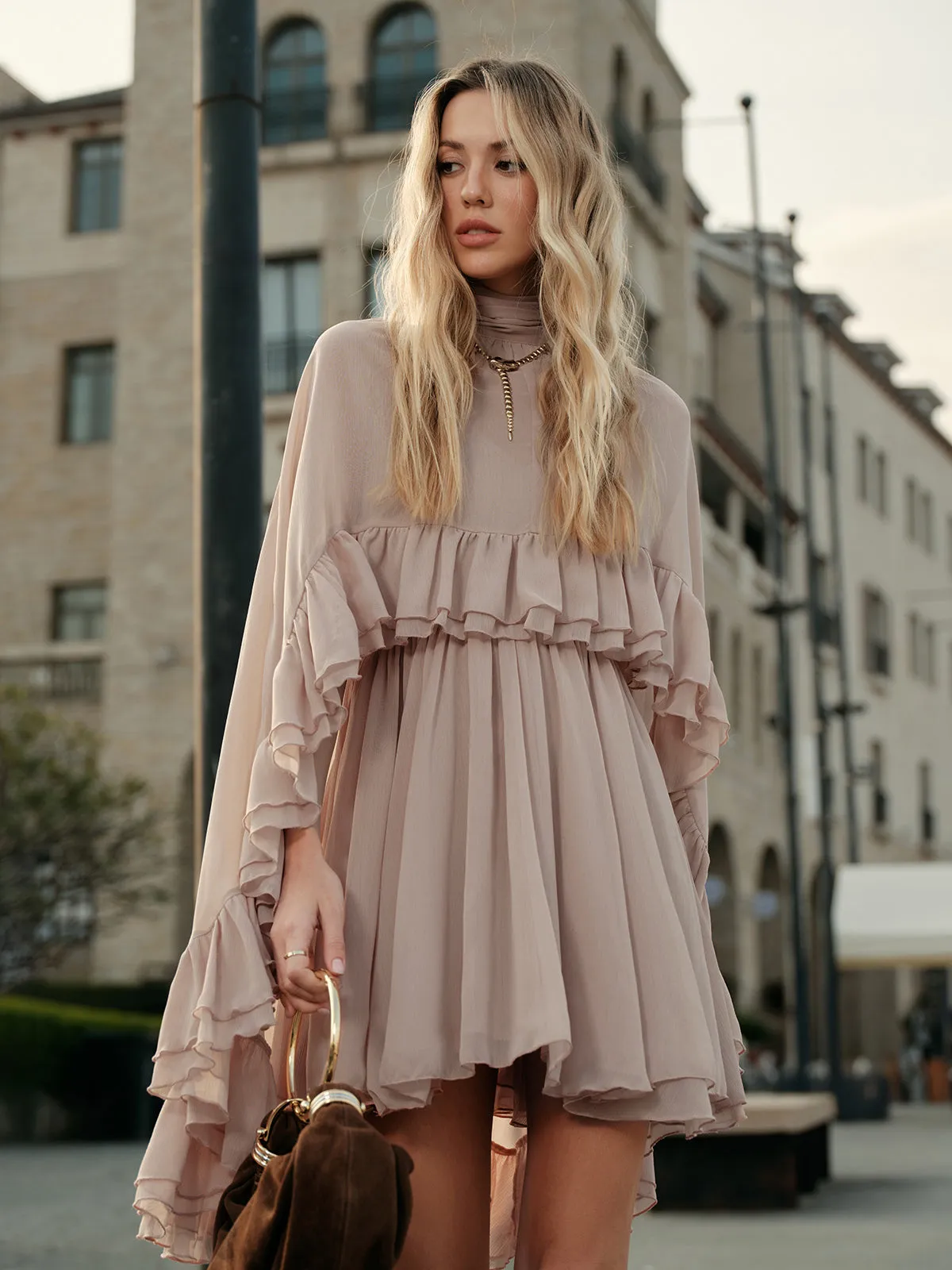 Semi-Sheer Chiffon Ruffle Dress With Outer Cape sold by COMMENSE product image thumbnail 3