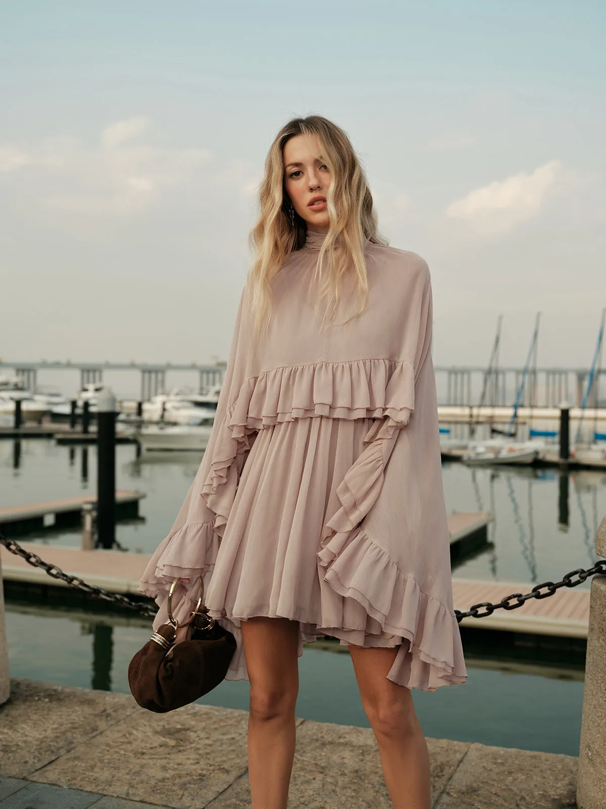 Semi-Sheer Chiffon Ruffle Dress With Outer Cape sold by COMMENSE product image thumbnail 5