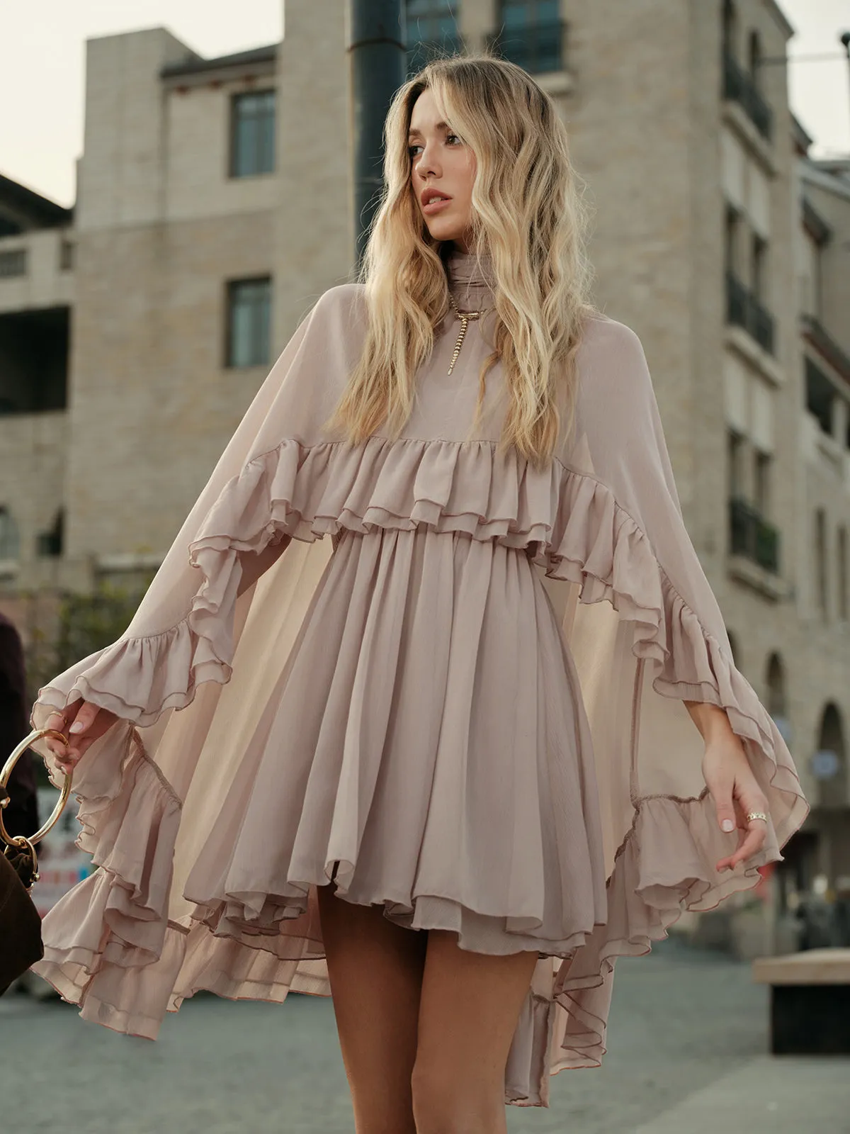 Semi-Sheer Chiffon Ruffle Dress With Outer Cape sold by COMMENSE product image thumbnail 2