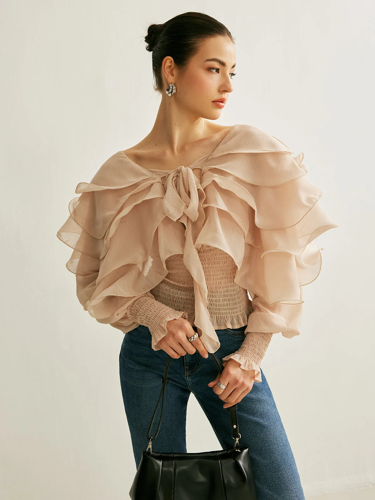 Semi-Sheer Chiffon Ruffle Backless Top sold by COMMENSE