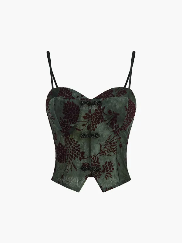 Semi-Sheer Button Detail Velvet Floral Cami Top sold by COMMENSE