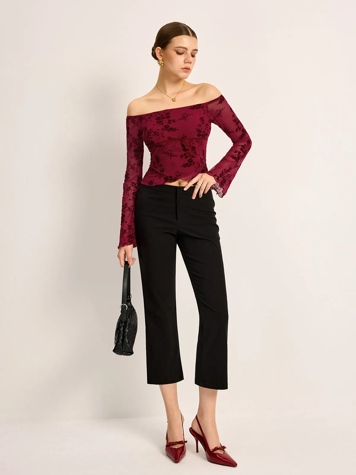 Off-Shoulder Floral Print Semi-Sheer T-Shirt sold by COMMENSE product image thumbnail 4