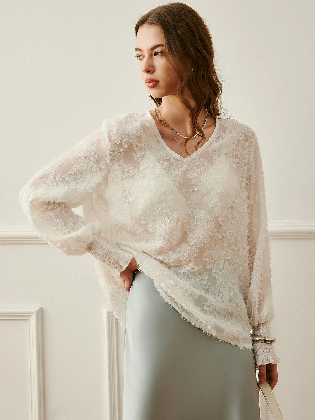 Semi-Sheer V-Neck Lantern Sleeve Embroidered Top sold by COMMENSE product image thumbnail 3