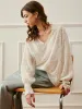 Semi-Sheer V-Neck Lantern Sleeve Embroidered Top sold by COMMENSE