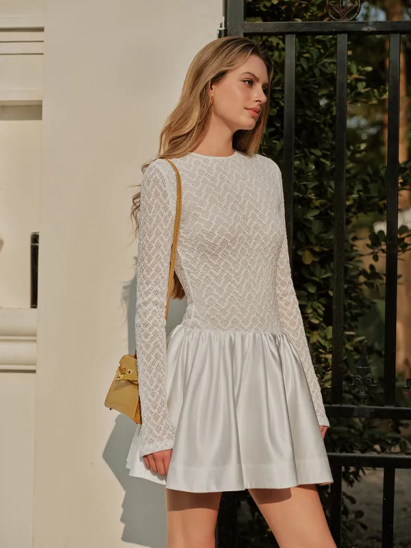 Semi-Sheer Lace Satin Panel Long Sleeve Dress sold by COMMENSE