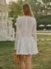 Semi-Sheer Lace Satin Panel Long Sleeve Dress sold by COMMENSE