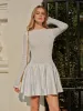 Semi-Sheer Lace Satin Panel Long Sleeve Dress sold by COMMENSE