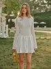 Semi-Sheer Lace Satin Panel Long Sleeve Dress sold by COMMENSE
