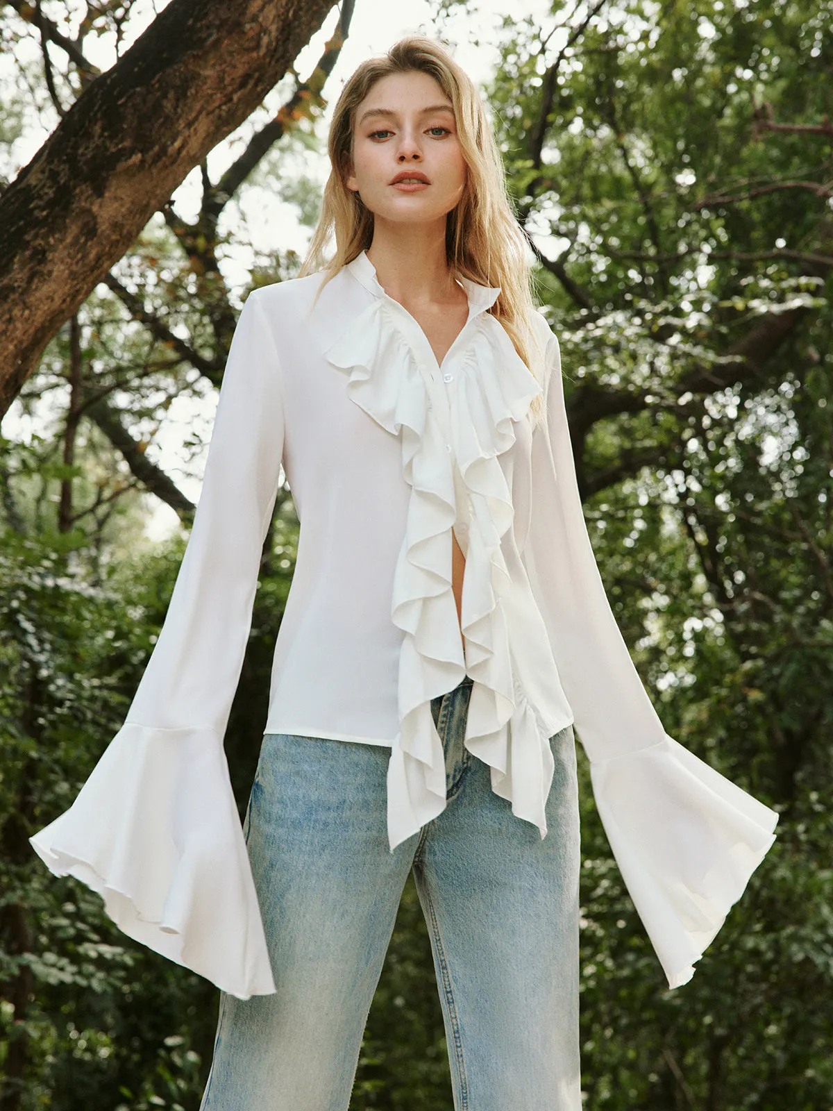Semi-Sheer Button Ruffle Thin Blouse sold by COMMENSE product image thumbnail 3
