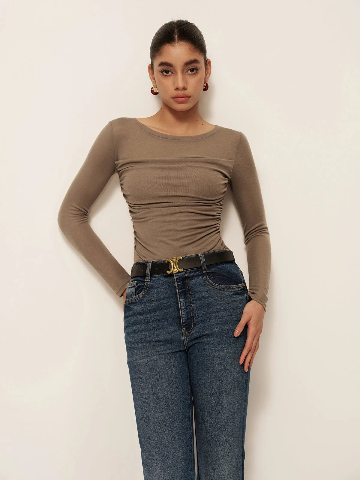 Semi-Sheer Long Sleeve Pleated Slim Panel T-Shirt sold by COMMENSE