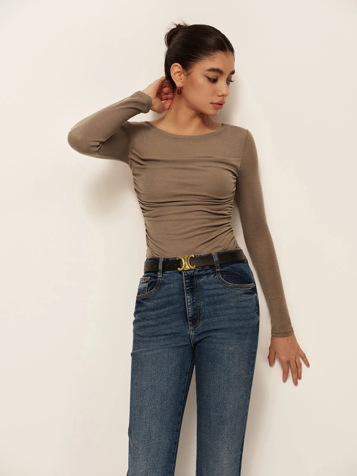 Semi-Sheer Long Sleeve Pleated Slim Panel T-Shirt sold by COMMENSE product image thumbnail 4