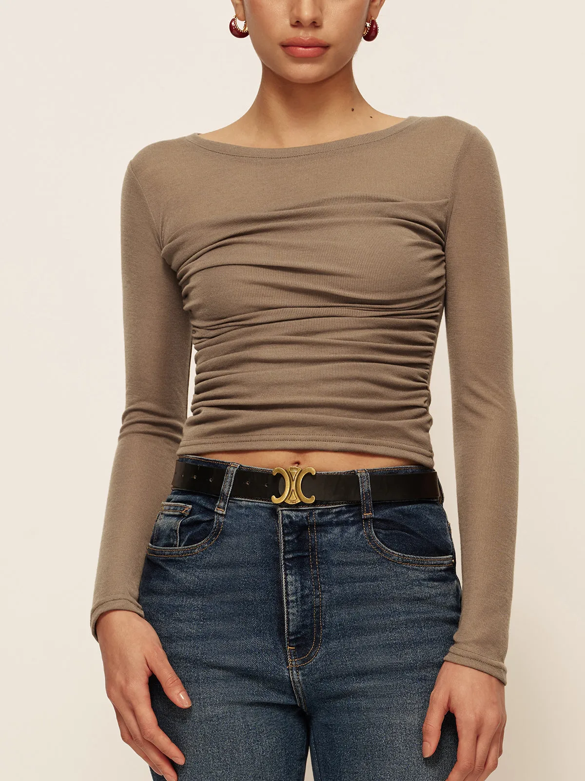Semi-Sheer Long Sleeve Pleated Slim Panel T-Shirt sold by COMMENSE product image thumbnail 3